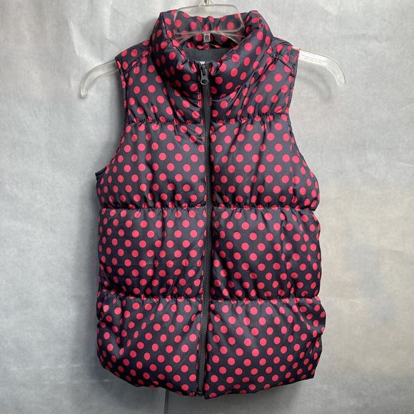 Old Navy Girls Frost Free Puffer Vest Grey Pink size XL 14 Full Zip Polka Dots - Picture 2 of 6